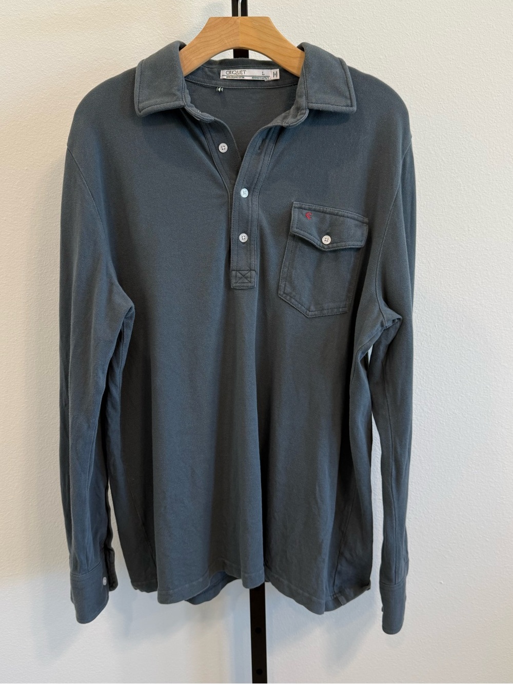 Criquet Organic Cotton Long Sleeve Polo in Gray Large Casual Preppy Minimal